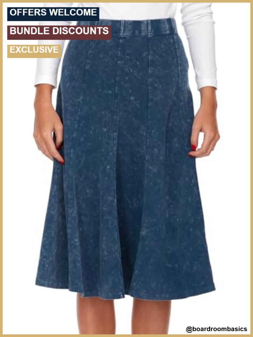 Stonewash Cotton Flared Midi Skirt Elastic Waist Panel Design Casual